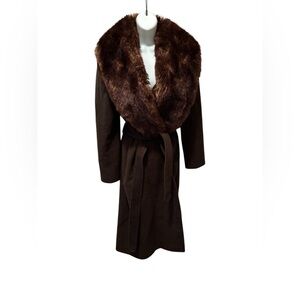 Lauren Ralph Lauren LRL Wool Belted Trench Coat S Large Faux Fur Shawl Collar
